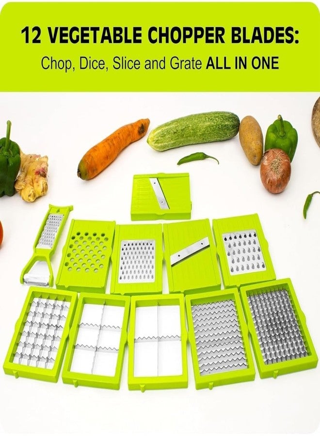 Well Set 12-in-1 Vegetable Chopper & Slicer | Multipurpose Fruits & Vegetable Cutter, Grater, Peeler & Dicer | Unbreakable Food-Grade Body with Easy Push-to-Clean Button (Green) - Image 5